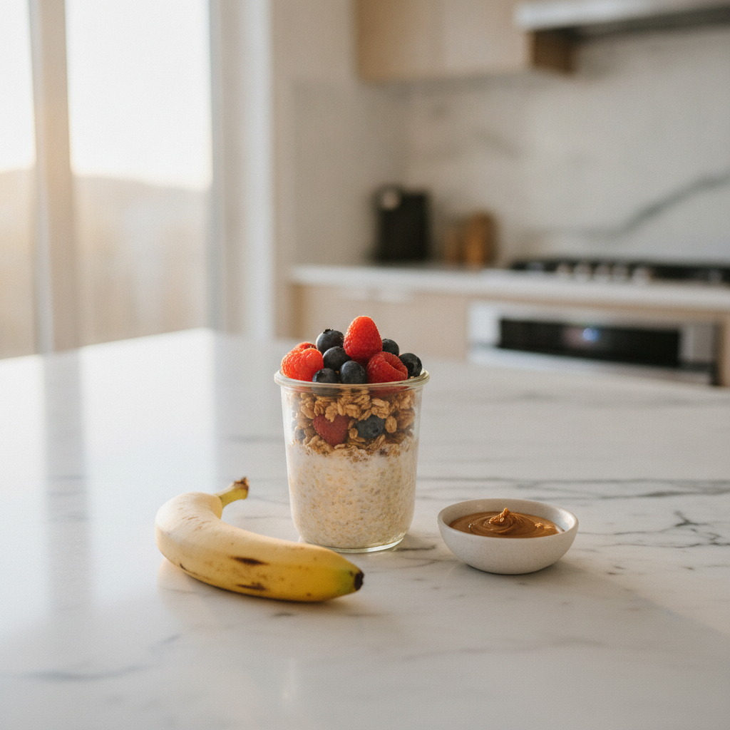 A bright kitchen counter with overnight oats in a glass jar, a banana, and a small dish of almond butter in natural morning light