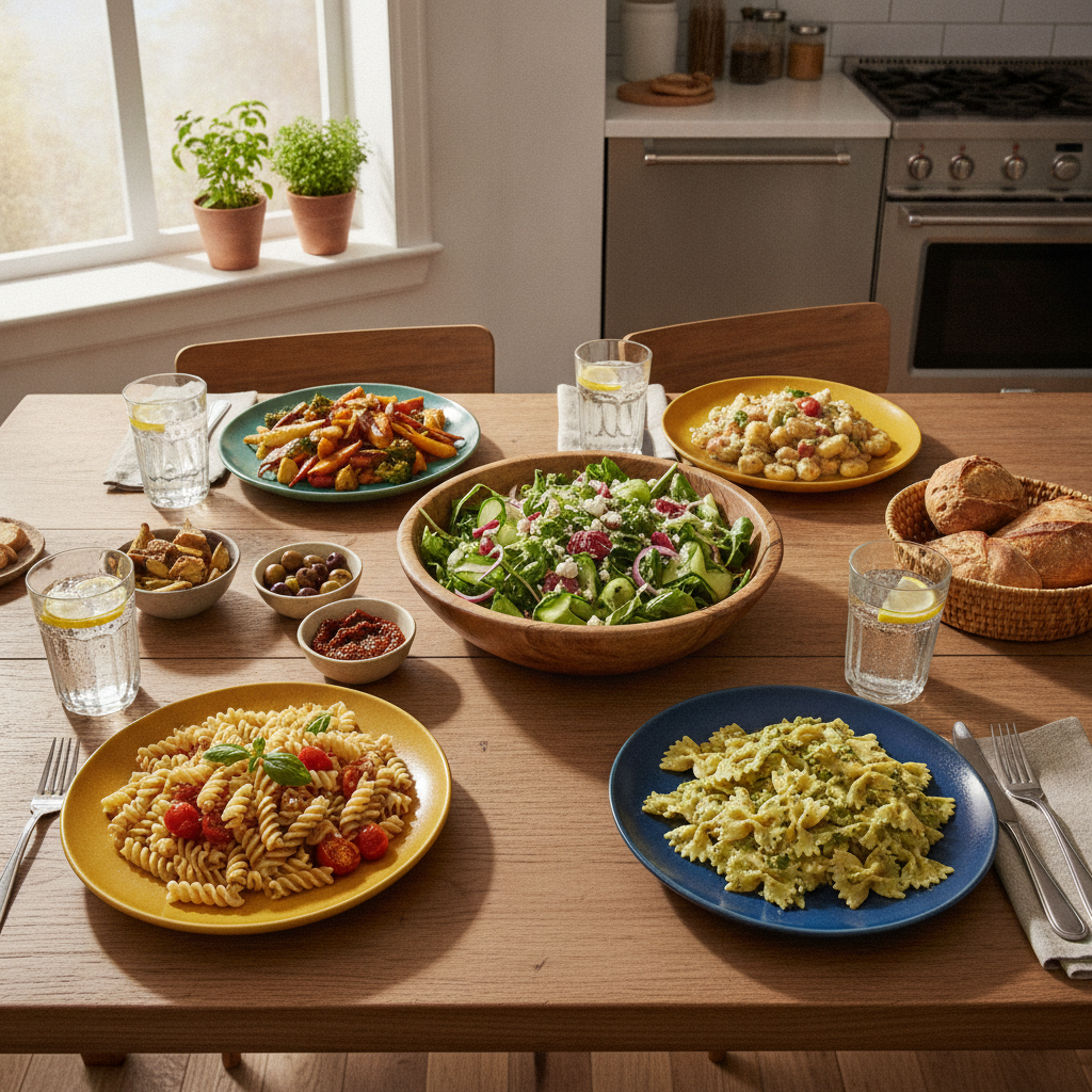 A family dining table set with colorful dishes and a shared salad bowl in the center, warm natural window light, overhead editorial view