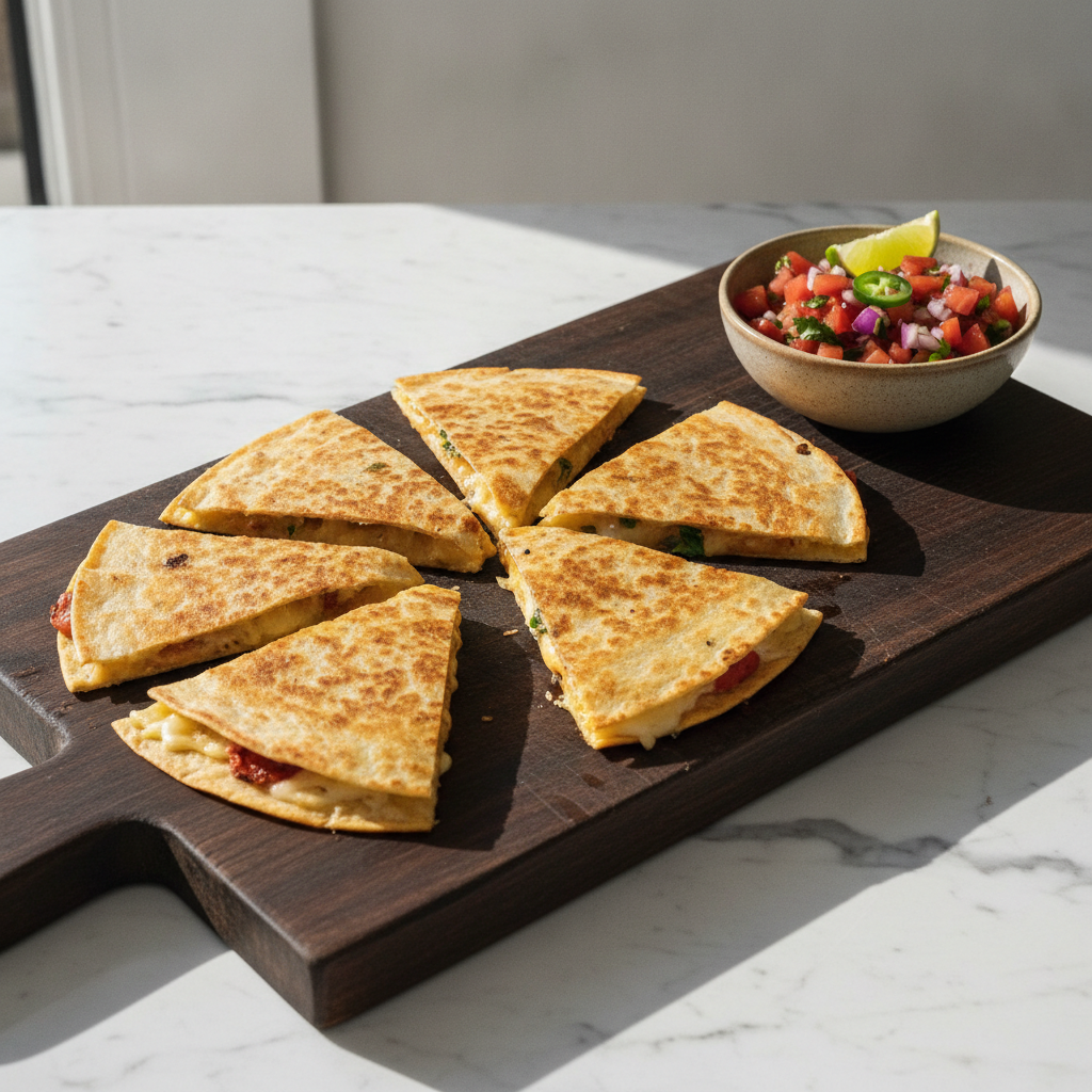 A golden quesadilla cut into triangles on a wooden board with a small bowl of fresh salsa, bright natural daylight, clean white surface