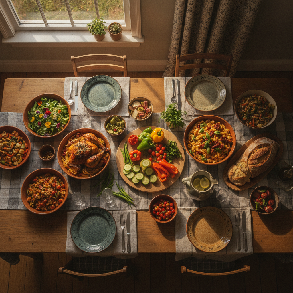 Wide shot of a well-lit family kitchen table with multiple colorful dinner dishes, fresh produce, warm natural light, editorial food photography overhead view