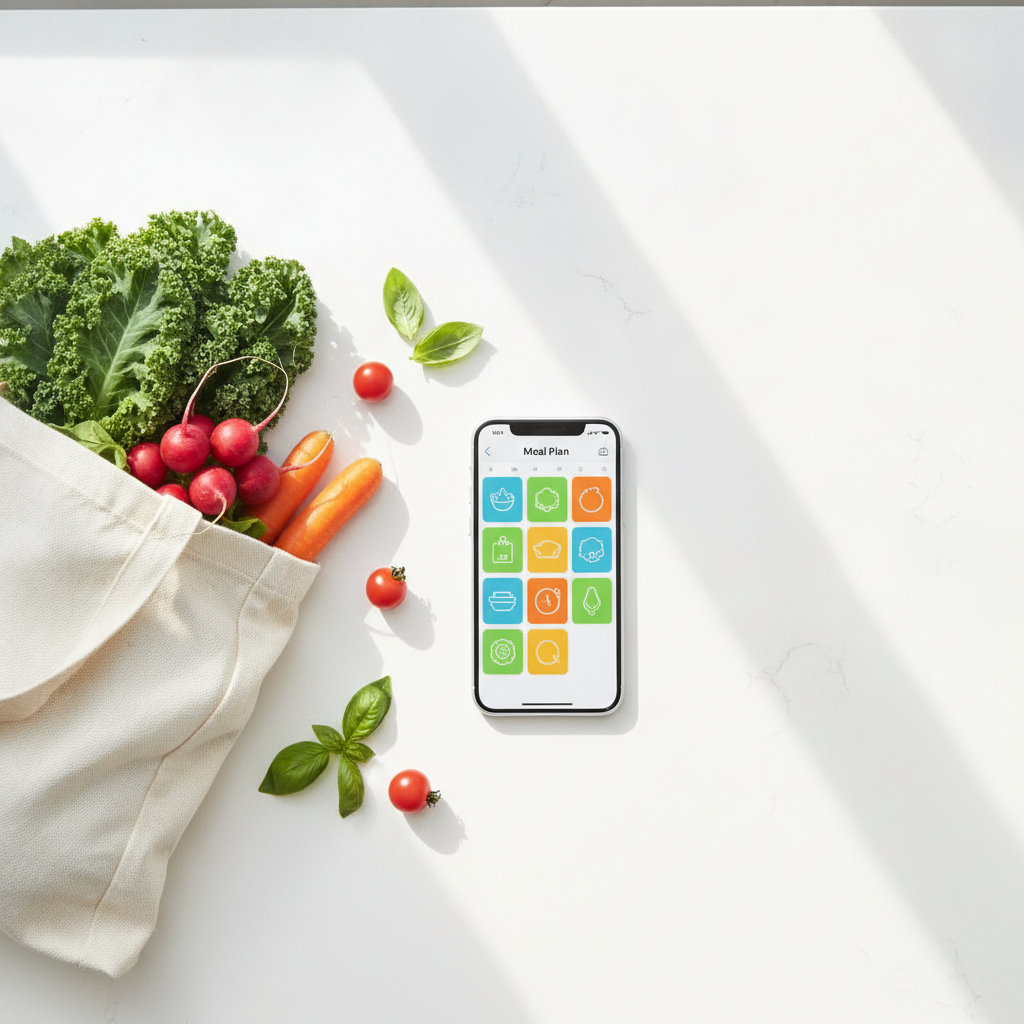 A smartphone with a clean weekly meal plan on screen sitting beside a reusable grocery bag on a bright kitchen counter