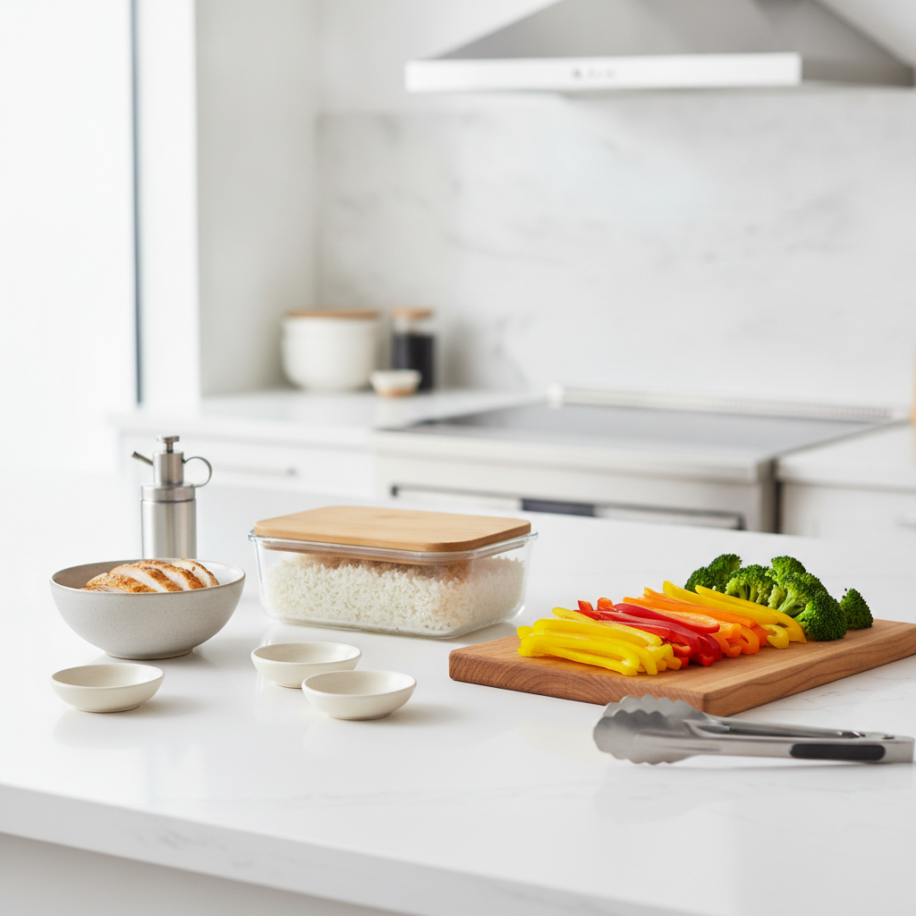 A clean kitchen counter with a glass meal prep container of cooked rice, a small bowl of roasted chicken, and sliced colorful vegetables arranged simply in bright natural daylight, editorial food photography style