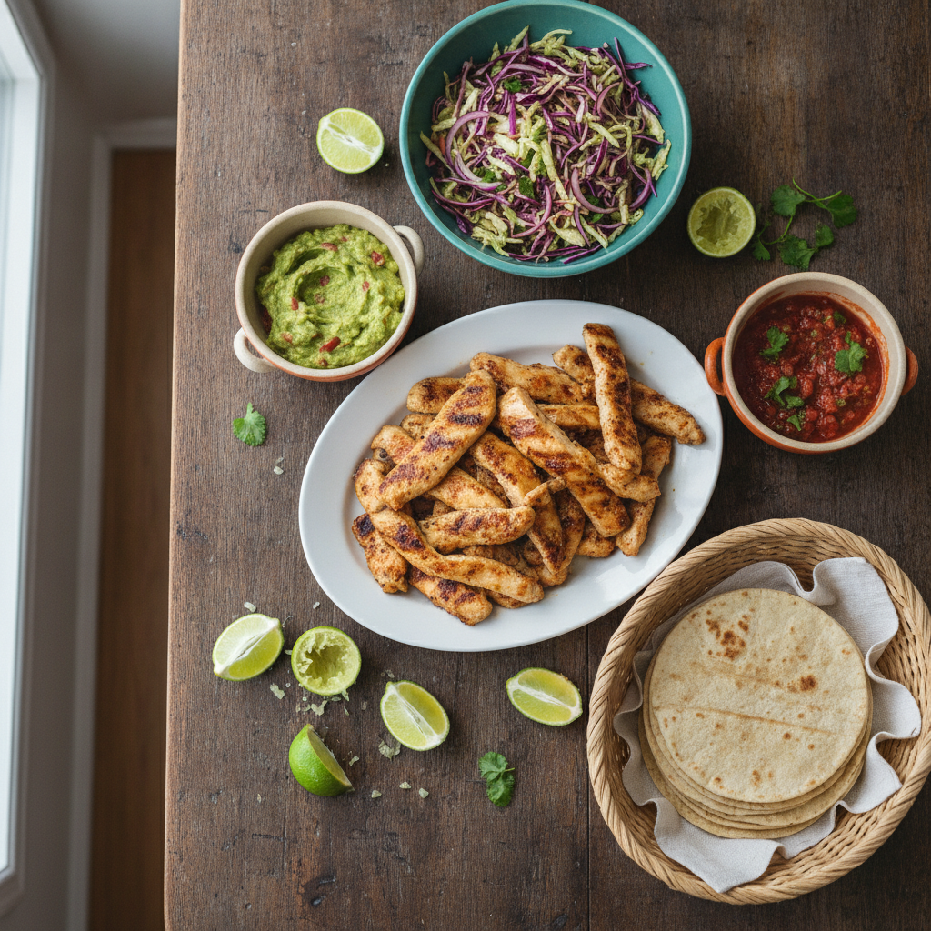 A taco bar spread on a rustic wood kitchen table with grilled chicken strips, colorful shredded vegetables, warm tortillas in a basket, lime wedges, and small bowls of toppings in bright natural window light