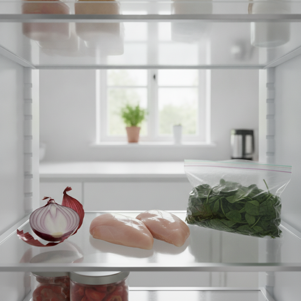 An open refrigerator at dusk with a half onion, two chicken breasts, and a bag of wilted spinach visible on the shelves