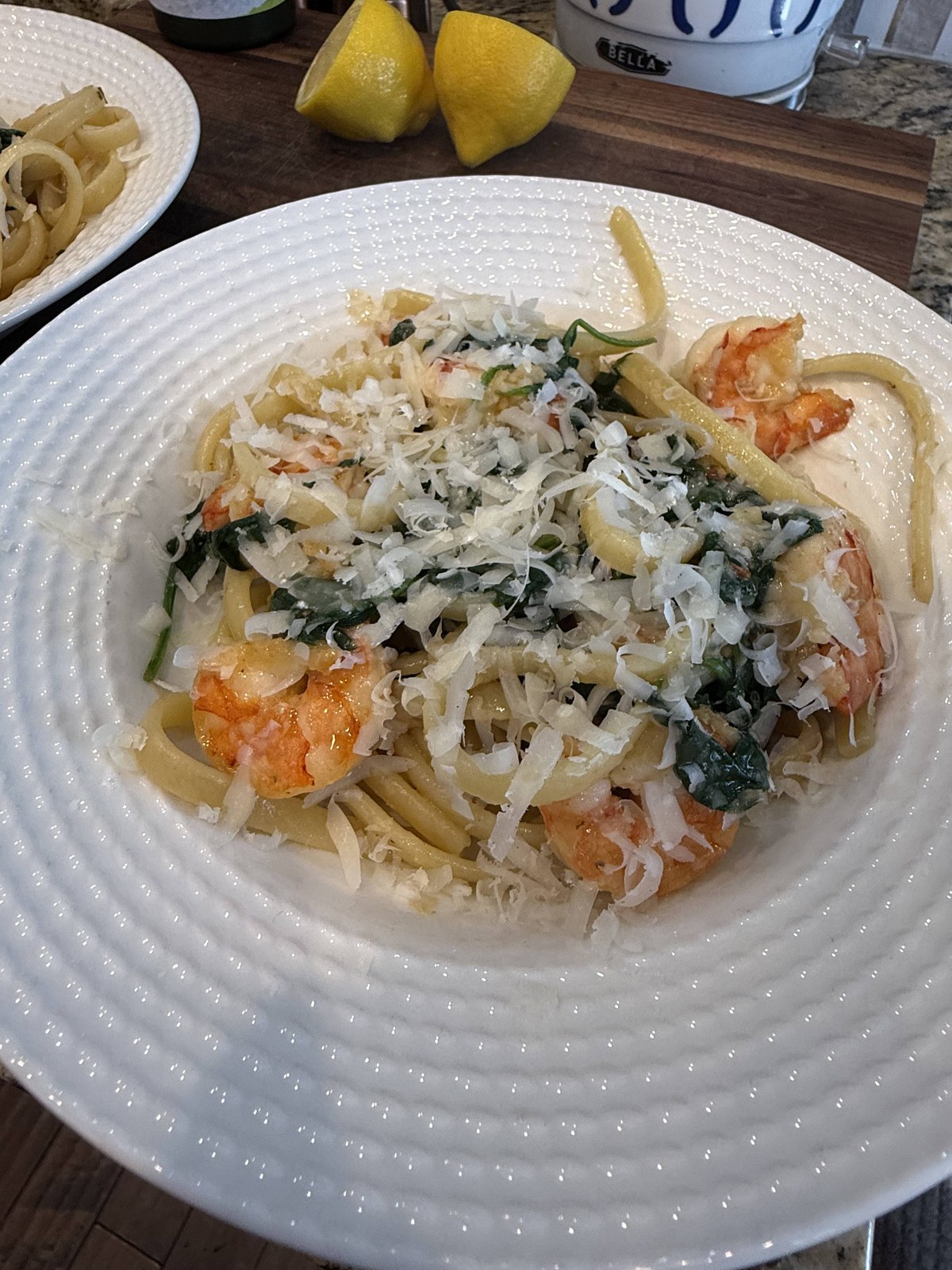 Cast-Iron Seared Shrimp with Garlic, Chili Flake, Spinach and Pasta