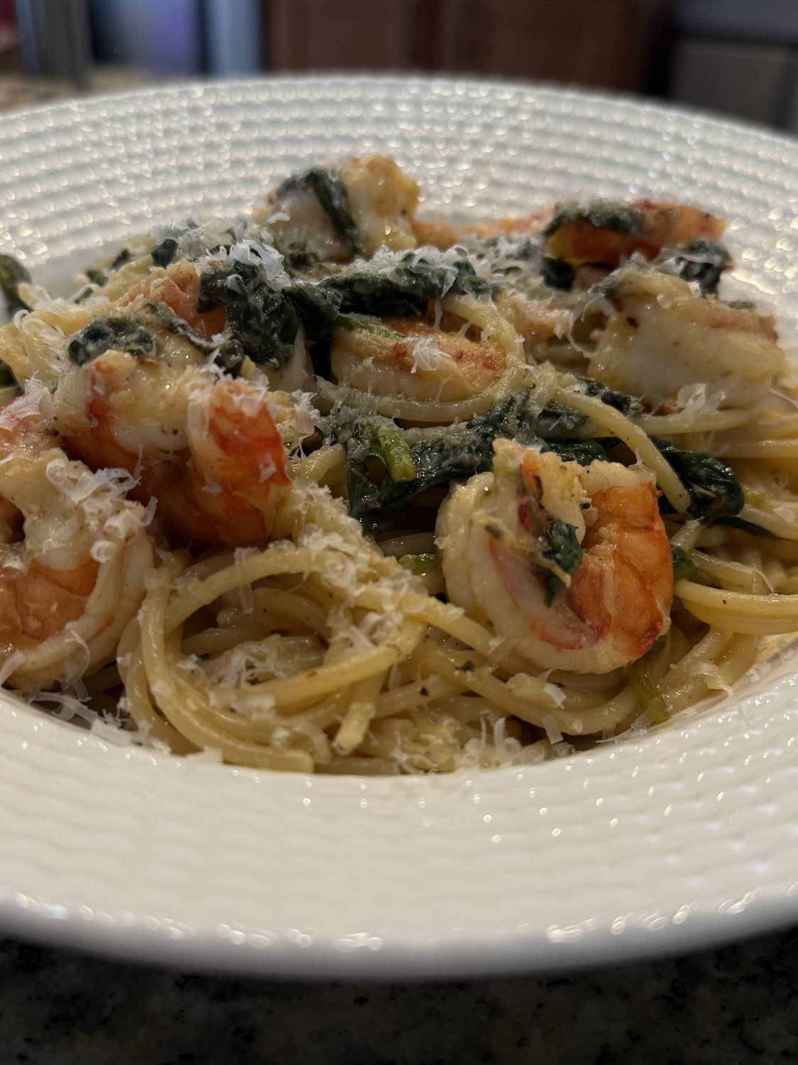 Cast-Iron Seared Shrimp with Garlic, Chili Flake, Spinach and Pasta