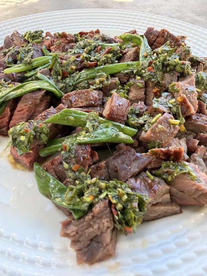 Grilled Sirloin Flap Steak with Chimichurri and Charred Scallions