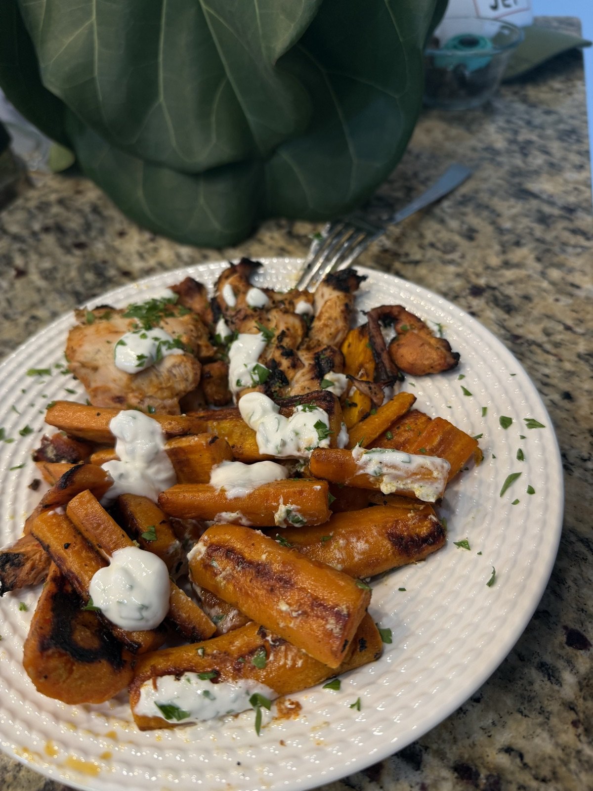 Harissa Chicken Thighs with Roasted Carrots and Yogurt