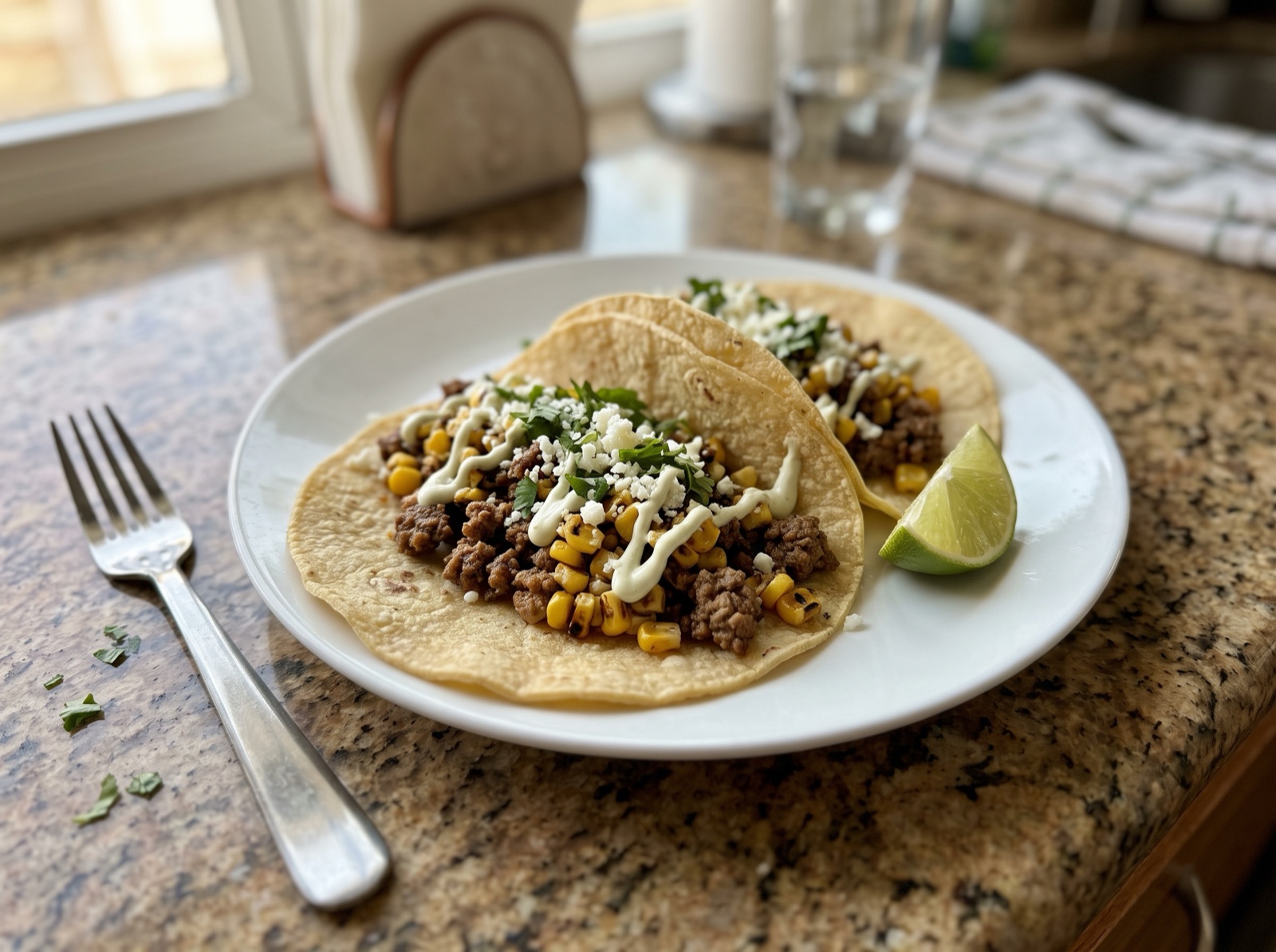 Mexican Street Corn Beef Tacos with Cotija and Lime Crema