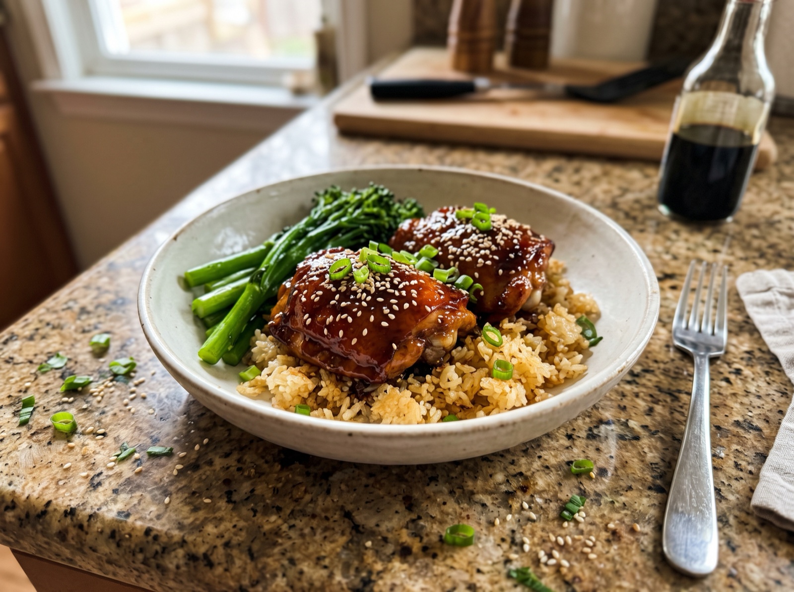 Soy-Glazed Chicken Thighs with Ginger Broccolini and Crispy Rice