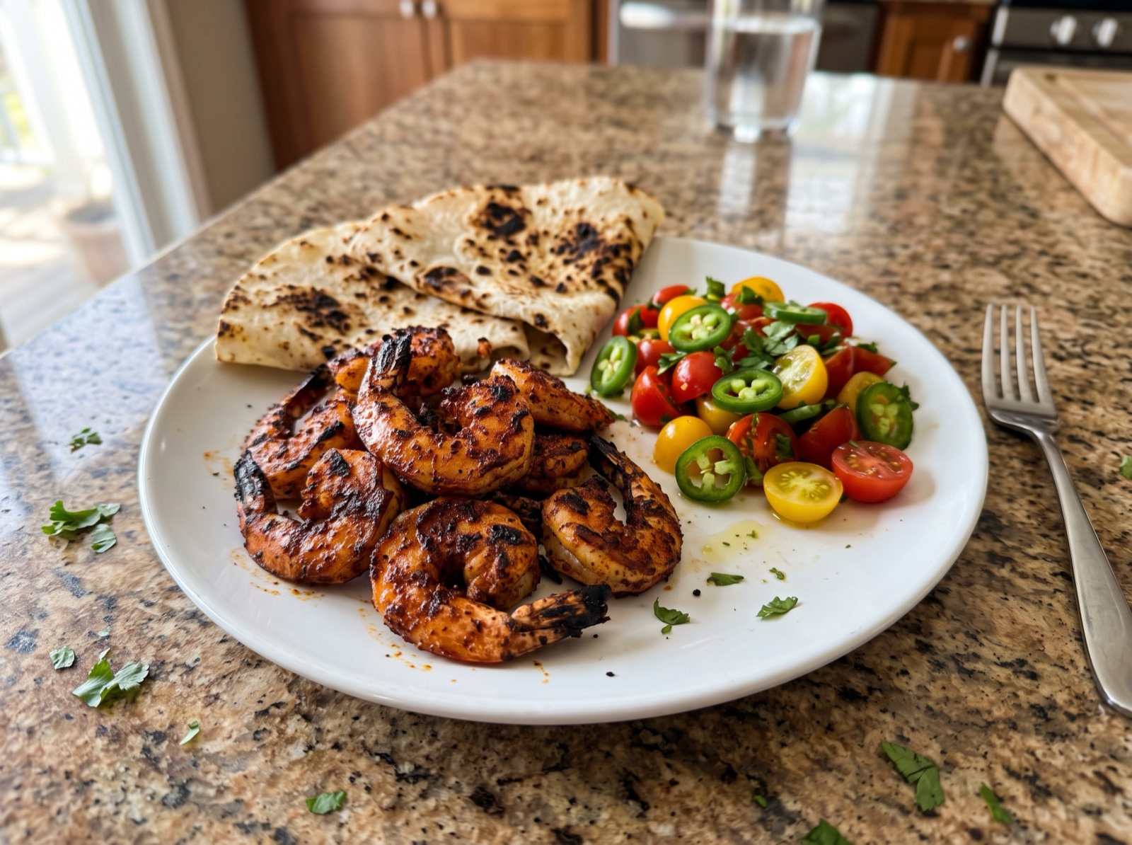 Spicy Grilled Shrimp with Tomato Salad and Crispy Tortillas